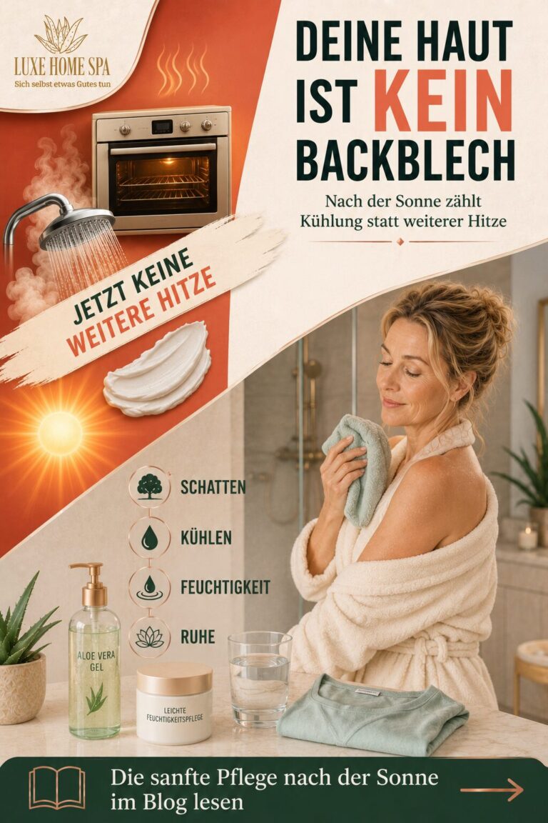 Humorvoller, hochwertiger Pin mit einer stilisierten Backofentür, die geschlossen bleibt. Eine Frau wählt stattdessen eine kühle Dusche, Aloe Vera Gel, Wasser und lockere Kleidung.