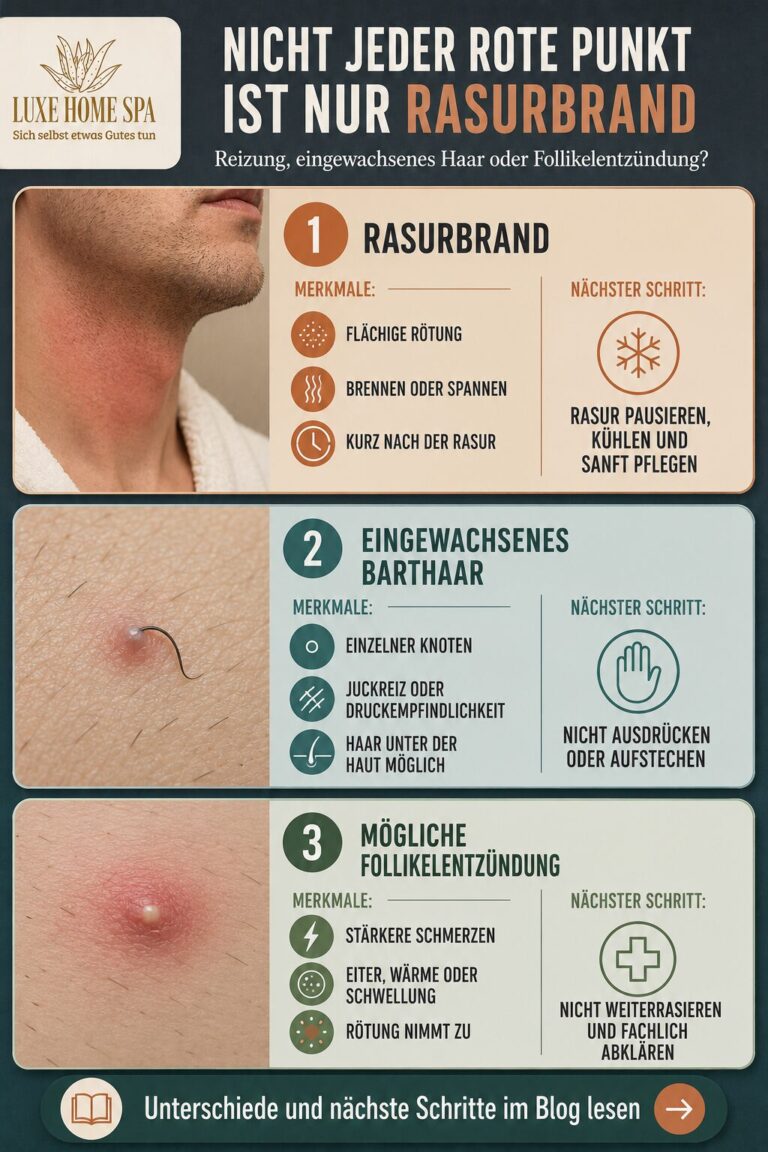 Dreigeteilte Übersicht mit flächigem Rasurbrand, einem eingewachsenen Barthaar und einem möglicherweise entzündeten Haarfollikel. Zu jeder Hautreaktion werden typische Zeichen und der nächste sinnvolle Schritt gezeigt.