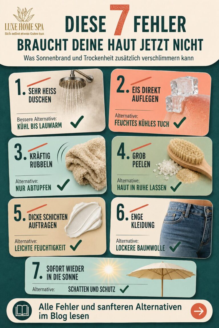 Infografik mit sieben Fehlern nach zu viel Sonne, darunter heiße Dusche, Eis direkt auf der Haut, grobes Peeling, dicke Salbenschicht, enge Kleidung, Hautschüppchen abziehen und erneute Sonne.