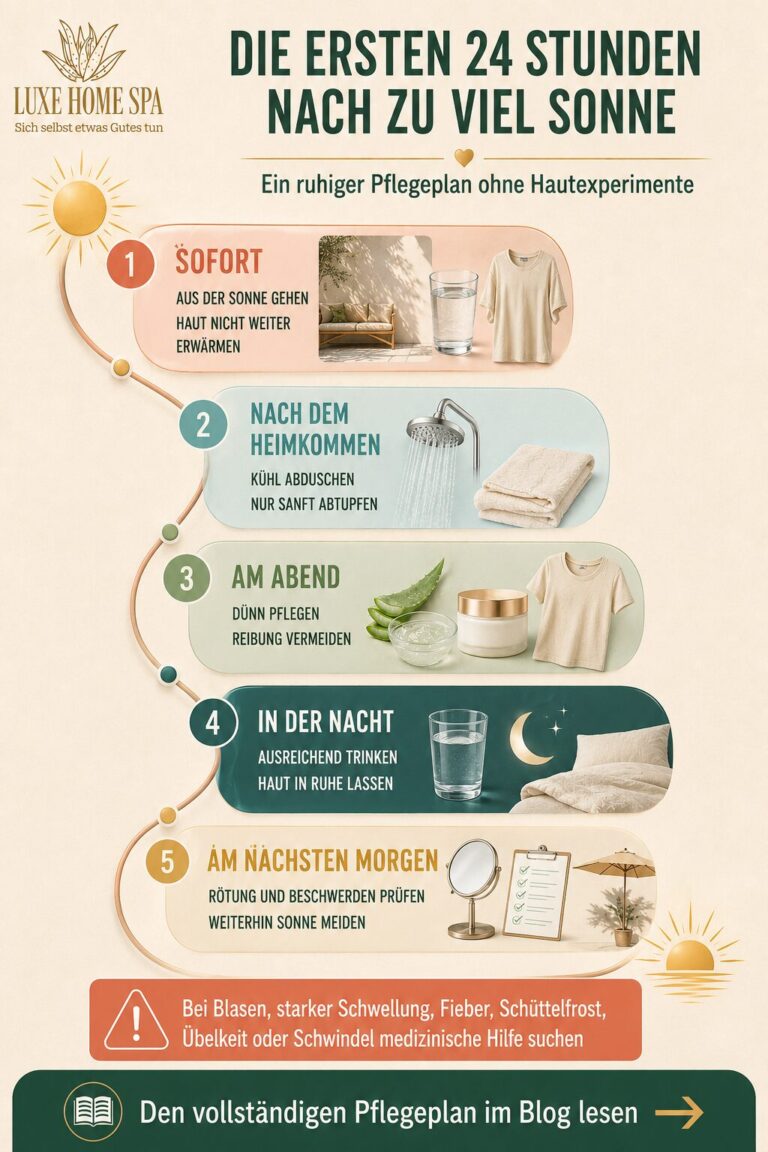 Zeitstrahl für die ersten 24 Stunden nach zu viel Sonne mit Schatten, kühler Dusche, Aloe Vera Gel, Wasser, lockerer Kleidung, Nachtruhe und erneuter Hautkontrolle am Morgen.