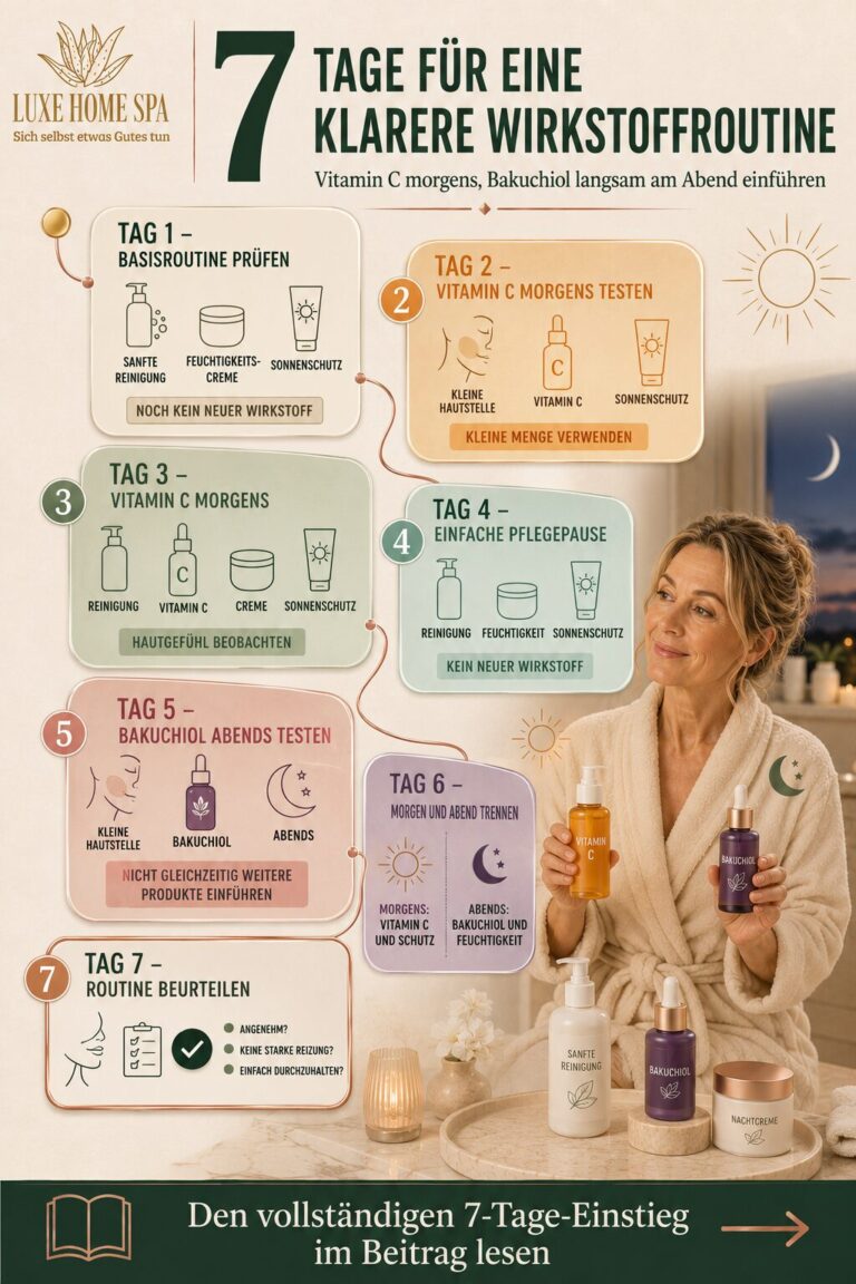 Sieben nummerierte Tageskarten bilden einen vorsichtigen Einstieg in eine Pflegeroutine mit Vitamin C am Morgen, Bakuchiol an ausgewählten Abenden, Feuchtigkeit und täglichem Sonnenschutz.