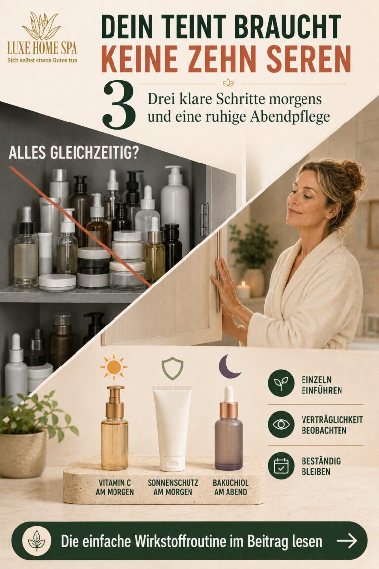 Überfülltes Regal mit vielen Seren wird einer ruhigen Ablage mit Vitamin-C-Pflege, Sonnenschutz und Bakuchiol gegenübergestellt. Eine Frau entscheidet sich für die übersichtliche Routine.