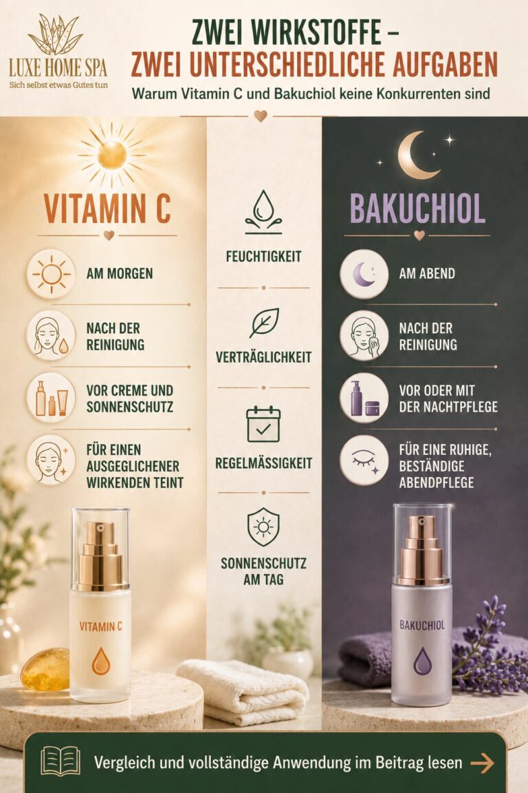 Vergleichsinfografik mit Vitamin C auf einer sonnengelben Morgenseite und Bakuchiol auf einer dunkelgrünen Abendseite. In der Mitte stehen die gemeinsamen Grundlagen Feuchtigkeit und regelmäßige Anwendung.