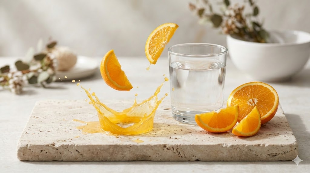Frische Orangen und Zitronen auf weißem Marmor für Vitamin C Pflege
