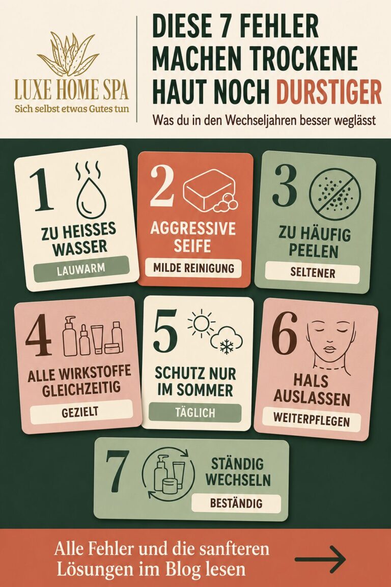 Plakative Infografik mit sieben Fehlern bei trockener Haut in den Wechseljahren, darunter heißes Wasser, aggressive Seife, häufiges Peeling und fehlender Sonnenschutz.