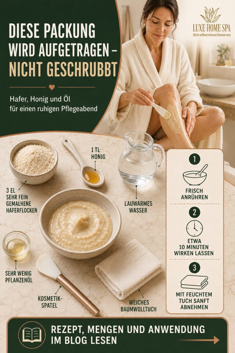 Cremige Hafer-Honig-Packung in einer Keramikschale mit fein gemahlenem Hafer, Honig, wenigen Tropfen Öl und einem weichen Baumwolltuch. Die Mischung wird dünn auf ein trockenes Schienbein aufgetragen.