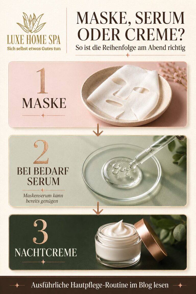 Infografik mit drei großen Pflegeschritten: Gesichtsmaske, bei Bedarf Serum und anschließend Nachtcreme. Pfeile zeigen die richtige Reihenfolge der abendlichen Hautpflege.