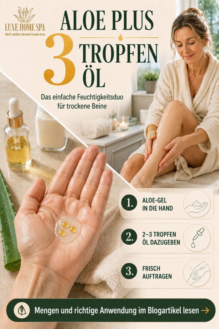Nahaufnahme einer Handfläche mit Aloe-Vera-Gel und drei goldenen Öltropfen. Daneben trägt eine Frau die frisch gemischte Pflege mit langen, sanften Bewegungen auf ihr Schienbein auf.