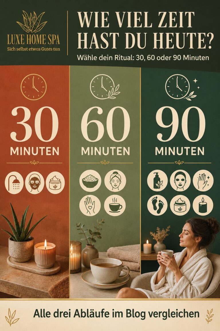 Dreigeteilter Pinterest-Pin mit drei Zeitvarianten für einen Wellnessabend zu Hause: 30 Minuten, 60 Minuten und 90 Minuten mit jeweils passenden Pflegeschritten.