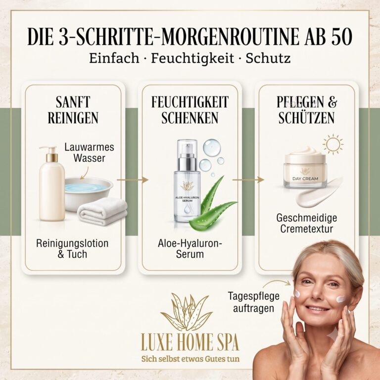 Drei Schritte der Hautpflege ab 50 mit Reinigung, Feuchtigkeitsserum und schützender Tagespflege