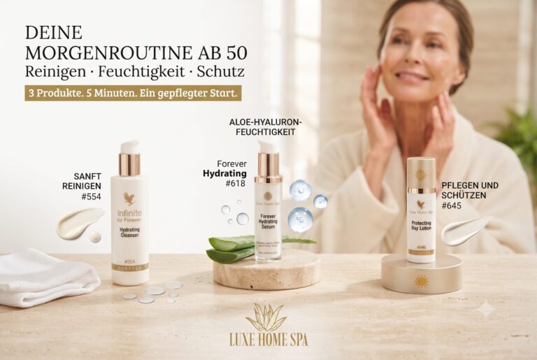 Forever-Morgenroutine ab 50 mit Hydrating Cleanser, Hyaluron-Serum und Protecting Day Lotion
