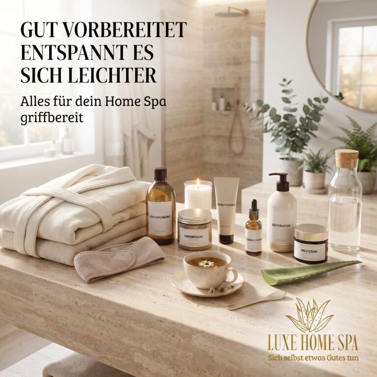 Vorbereitete Home-Spa-Ecke mit Handtüchern, Kerze, Tee und Aloe-Vera-Pflegeprodukten